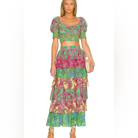 Alice and Olivia Crawford lace up smocked top and Jia ruffled tiered skirt - Picture 1 of 11